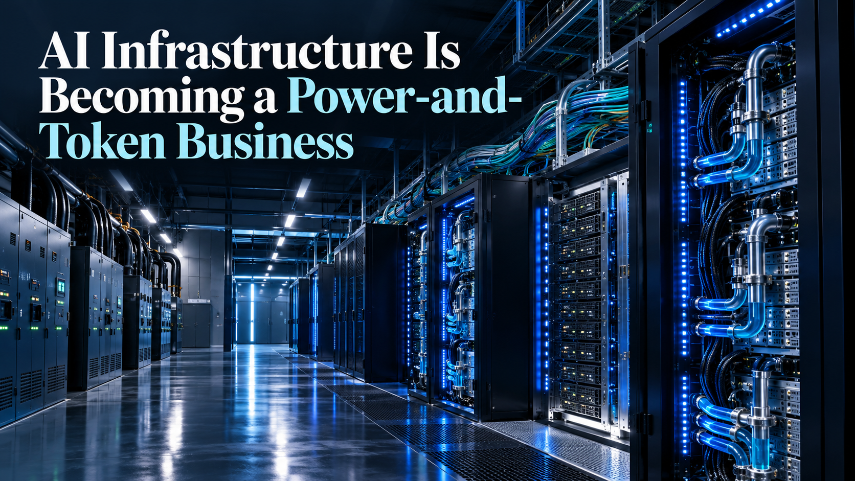 AI data center corridor with power distribution, fiber cables, liquid cooling, and the title AI Infrastructure Is Becoming a Power-and-Token Business